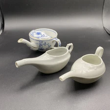 3 Antique Porcelain Invalid Feeders White and Blue With Gold Trim Boat Feeder