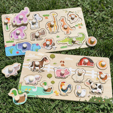 Wooden Peg Puzzles for Toddlers 1  3, Montessori Zoo  Farm Animal Puzzle Set