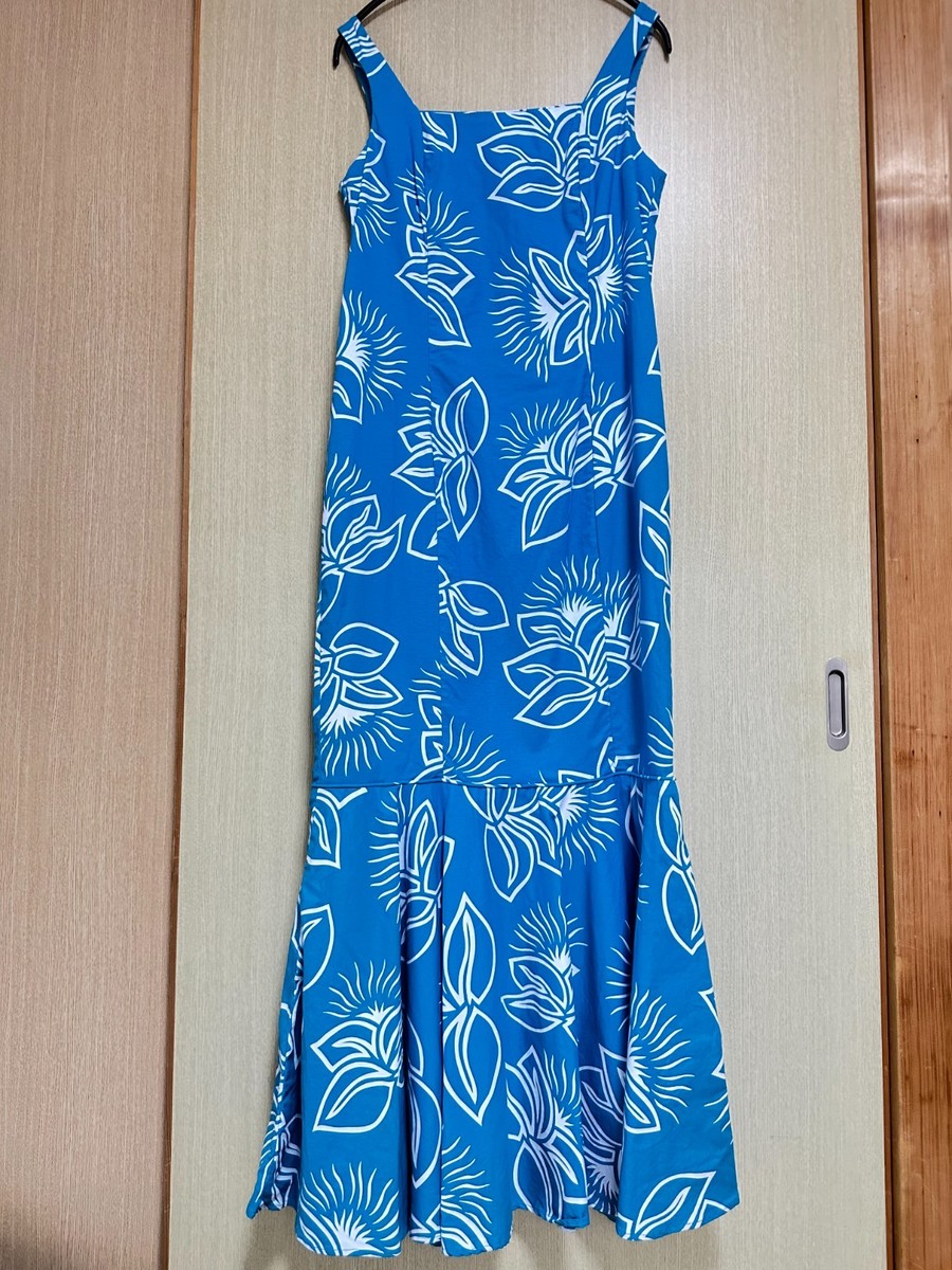 hilo hawaii Sig Zane Light Blue White Floral Mermaid Cotton Long Dress XS Hawaii