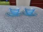 Set of 2 Blue Anchor Hocking Mayfair Open Rose Depression Glass Cups And Saucers