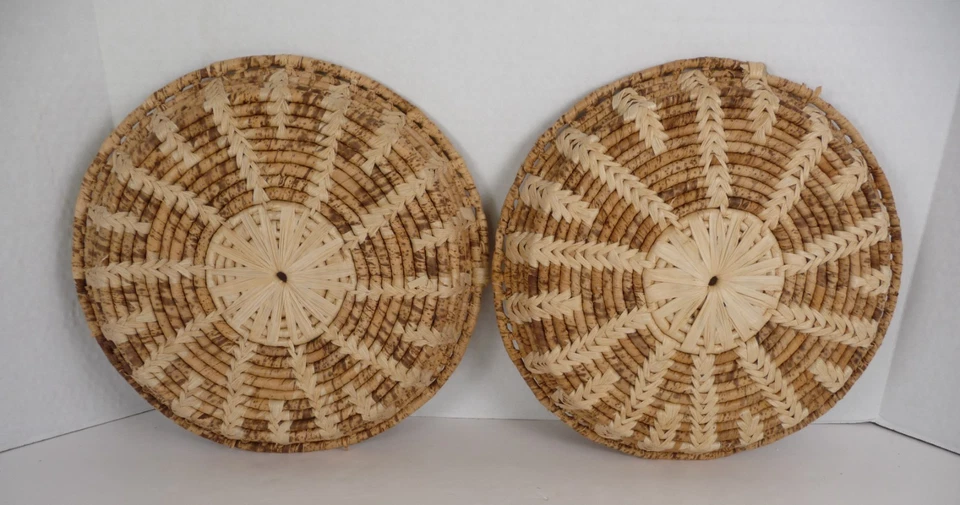 Woven Rattan Wicker Round  12" Inset Serving Trays Platter Decorative Set of 2 - Image 2 of 4