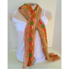 Vintage Womens Long Boho Scarf Green Red Tan Geometric Trim Detail 64"