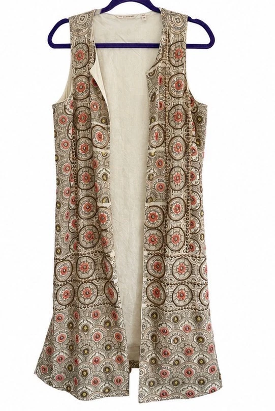 Soft Surroundings Women’s Petite PS/M Long Open Front Vest Boho Geometric Beaded