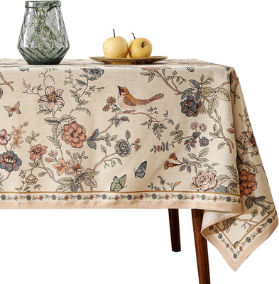 Designer French Light Beige Small Rectangular Tablecloth,Linen Florals and Birds