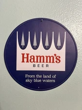 HAMMS BEER 12" ROUND TIN SIGN " FROM THE LAND OF SKY BLUE WATERS " RETRO GARAGE