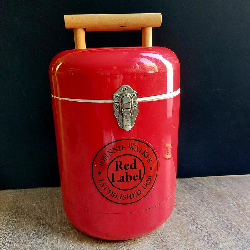 Vintage Johnnie Walker Red Handi Boy Cooler- steel w/ wood handle retro mancave