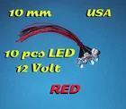 10 pcs LED - 10mm RED - PRE WIRED LEDS 12 VOLT 12V PREWIRED USA