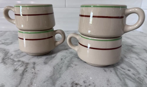 Vtg Rare MCM Syracuse Restaurant Ware Coffee Cups Set Green Stripes Retro. #598 