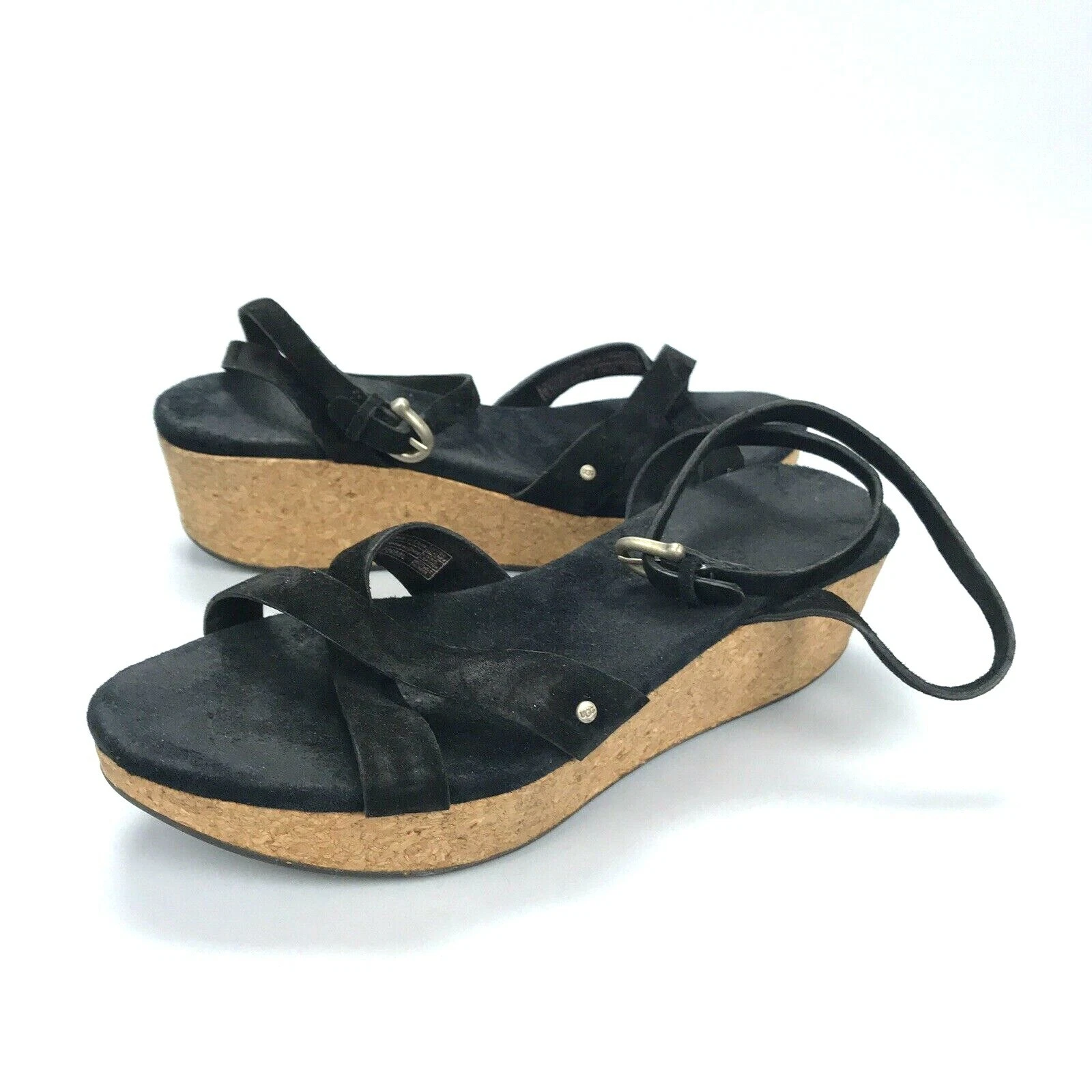 Uggs sandalo donna US 6 UK 4 5 UGG 1769 nero scamosciato cinturino alla caviglia sughero plateau basso