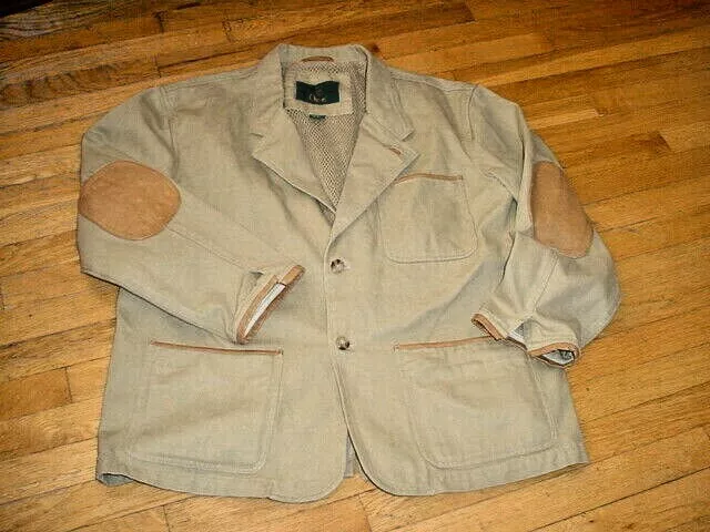 Vtg Orvis Zambezi Twill Safari Jacket Coat Blazer Khaki Leather Elbow  Patches L