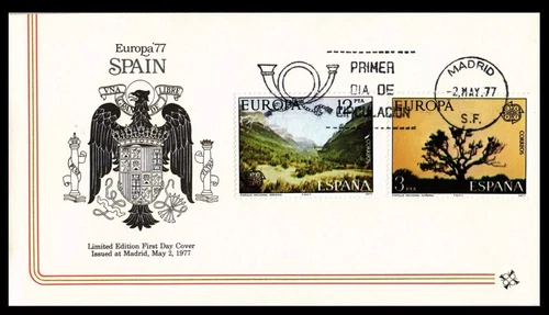 SPAIN LANDSCAPES SET  EUROPA 1977  FLEETWOOD COAT OF ARMS CACHET FDC UNADD
