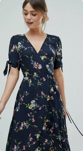 Oasis Navy Frill Midi Wrap Floral Bouquet Bird Dress 14 RARE Was £55 VGC