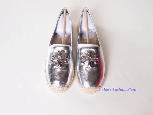 NIB Tory Burch Eleanor Logo Espadrille Leather Flat Metallic Silver US 8.5 AUTH - 第 10/15 張圖片