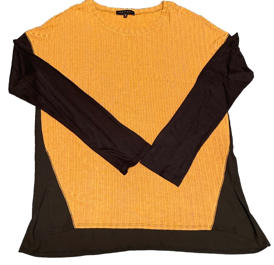 SUÉTER COSTELA ACONCHEGANTE MARROM RICO SANTUÁRIO COM MANGAS DE MALHA PRETA E COSTAS TAMANHO XL - Imagem 2 de 4