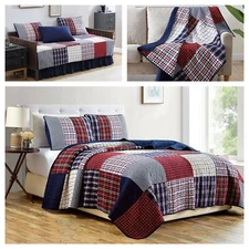 Pre-Washed Cotton Patchwork Quilt Set Plaid Daybed Coverlet Cotton Throw Blanket