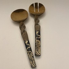 Vtg WOOD SALAD SERVING SET Spoon Fork Hand Carved Open Twist Bovine Bone Handles