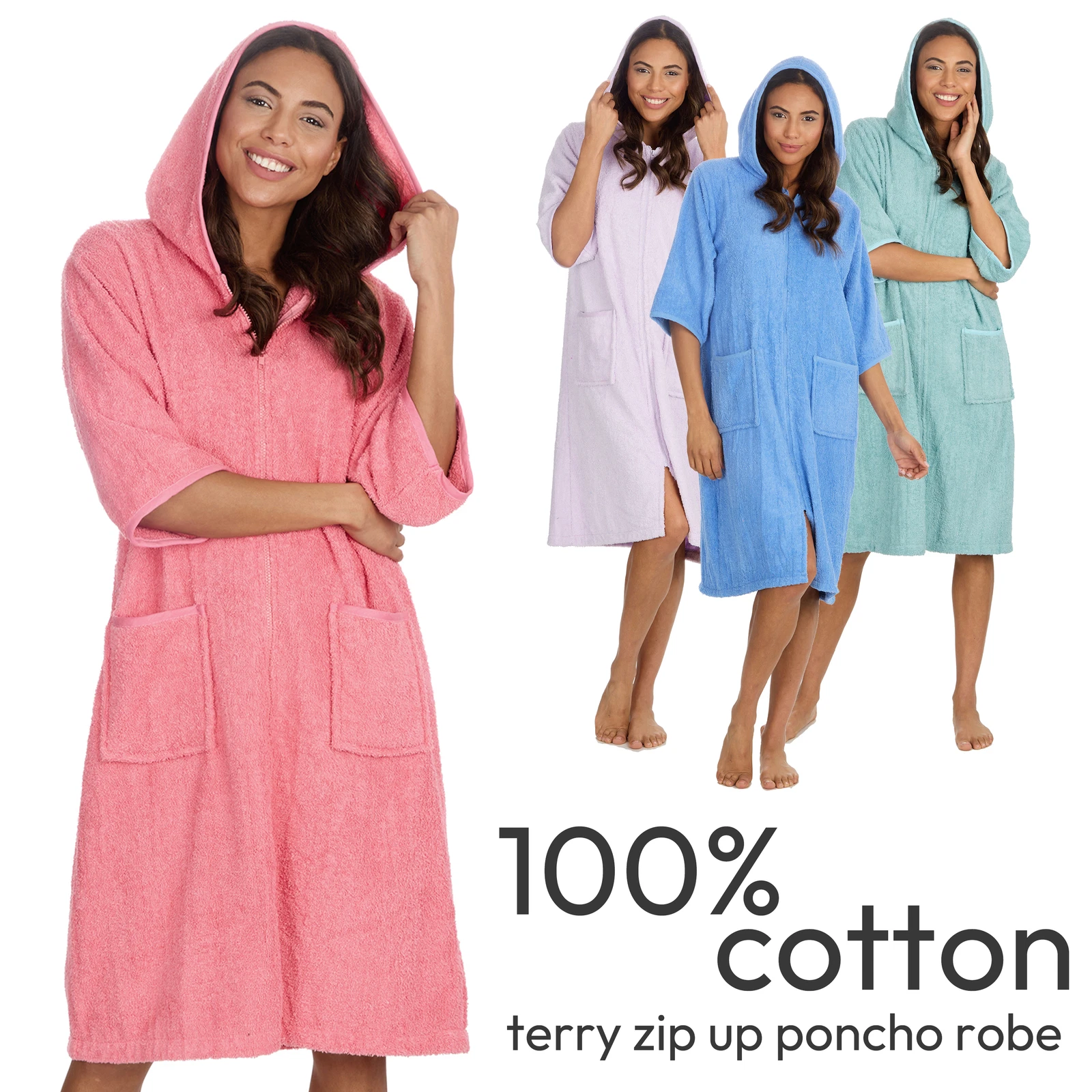 Ladies Terry Hooded Gown 100% Cotton Beach Zip Up Poncho Towel Beachwear 10-24
Opens in a new window