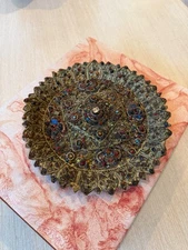 Old Tibet Bronze Inlay Turquoise Plate Antique Gem Amber Lapis Garnet Gemstone