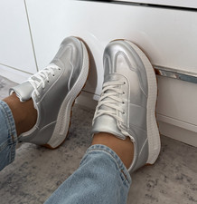 Ladies Silver Metallic Trainers Womens Chunky Sole Lace Up Sneakers Pumps Sizes