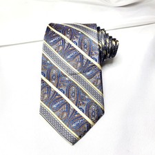 Pronto Uomo Paisley Mens Tie In Blue Brown  Gold Stripes 100 Silk 60.5"x3.25"