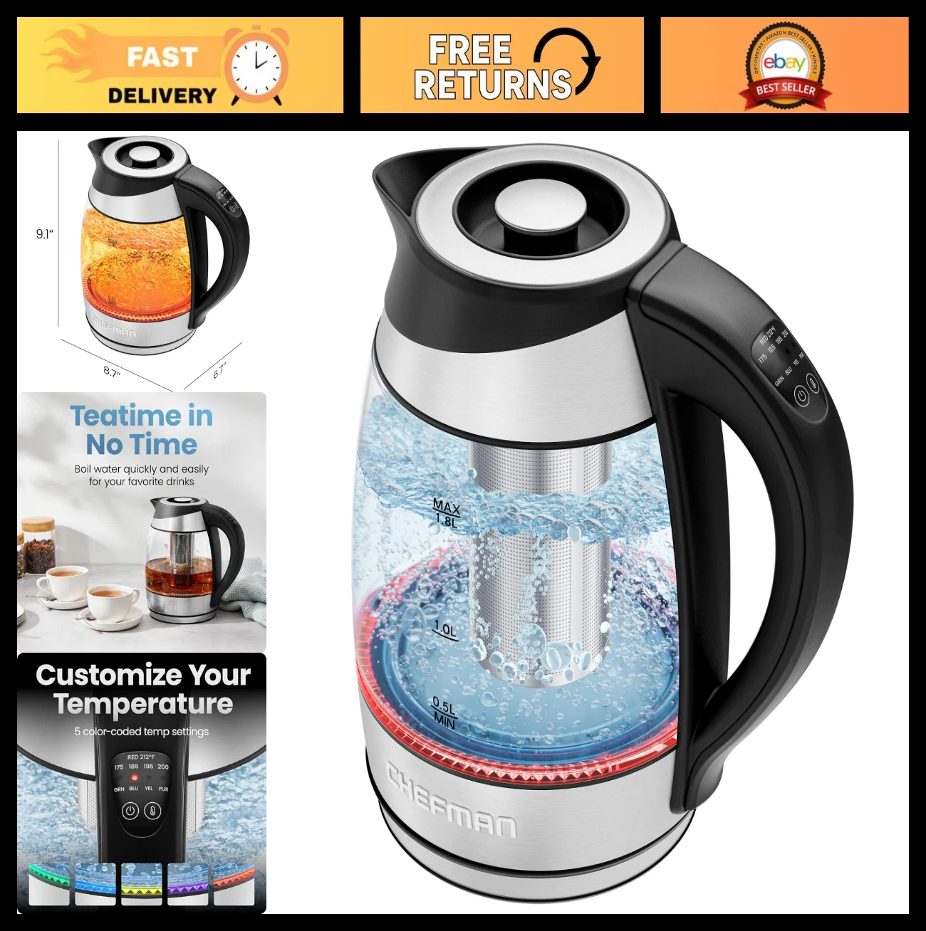 Electric Kettle with Temperature Control, 5 Presets, Glass Tea Kettle, 1.8L, BPA