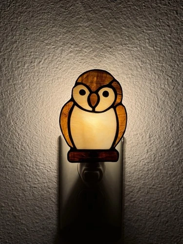 Vintage Stained Glass Owl Night Light Perched on Limb 5” Tiffany Style Handmade