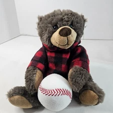 DolliBu Sitting Bear Plush Baseball Brown Teddy Red Plaid Hoodie Stuffed Animal
