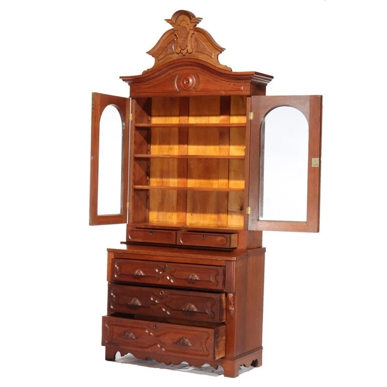 古董文艺复兴维多利亚雕刻胡桃木和伯尔秘书 c1890 — 第 2/4 张图片