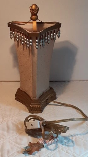 Gold MCM Art Deco Beaded Fabric Table Accent Lamp 11.5” 3 Sides With Gold Base