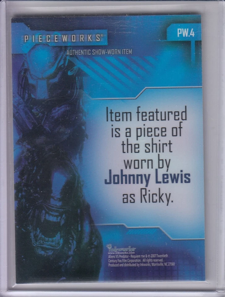 Aliens vs Predator AvP Requiem Costume Card PW4 Johnny Lewis Shirt Inkworks 2007 - Image 2 of 2