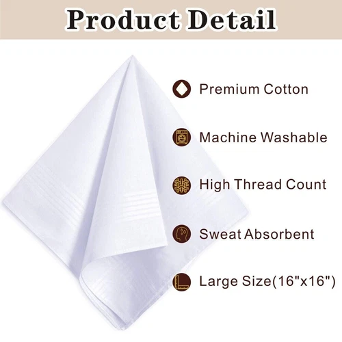 12PCS Mens Large White Square Handkerchief Soft Cotton Hankies Hankerchiefs UK - Picture 2 of 8