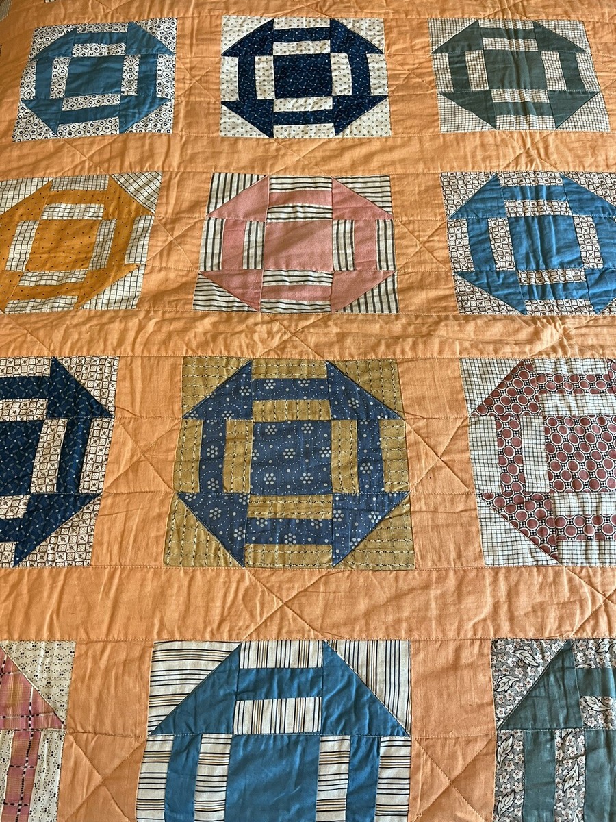 Vintage Handmade Quilt Monkey Wrench Blue & Orange | eBay
