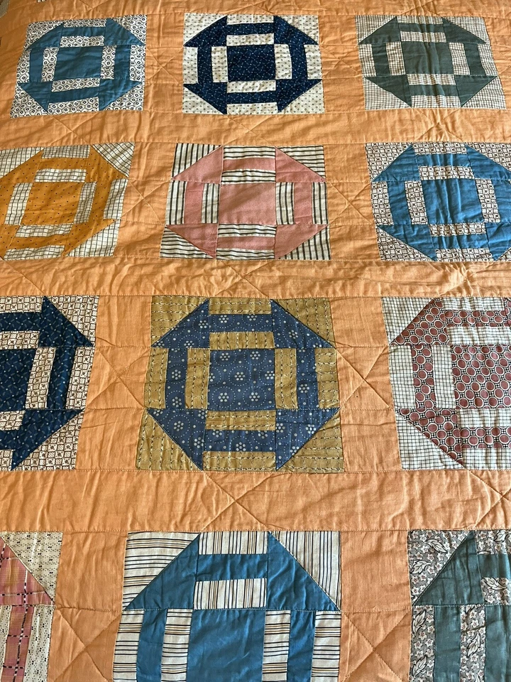Vintage Handmade Quilt Monkey Wrench Blue & Orange - Image 2 of 4