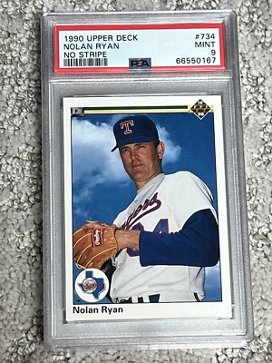 rare 1990 upper deck baseball cards PSA 9 MINT BASEBALL CARD 1990 UPPER DECK NOLAN RYAN NO STRIPE ERROR RARE  HOF