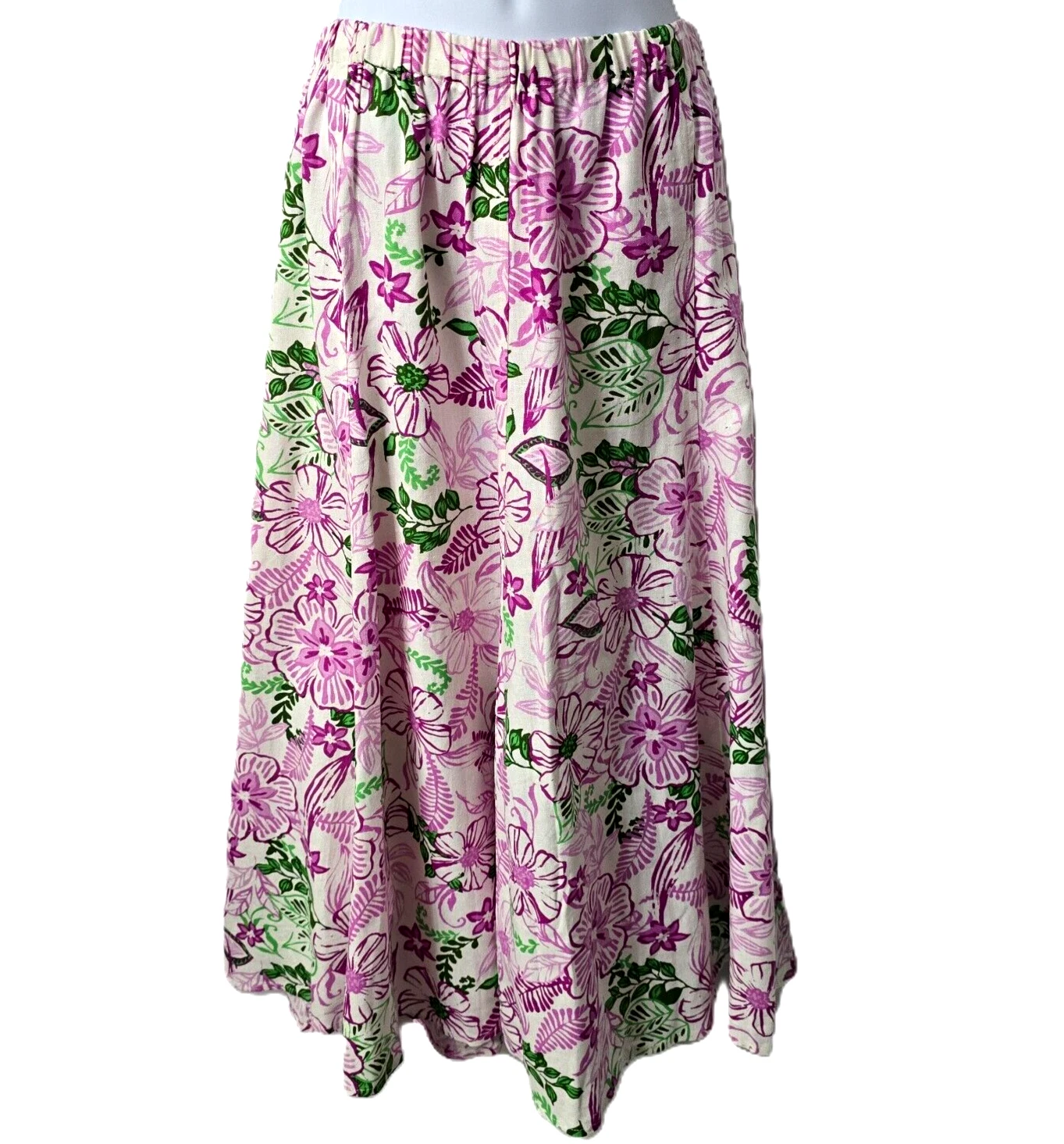 Elastic Waist Linen Skirt Plus 18 20 Flowy POCKETS Floral Purple Beach Resort