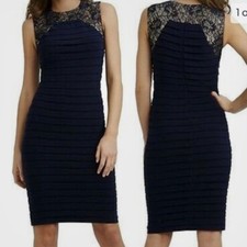 Adriana Papell Women's Size 12 Navy Blue Lace Sheath Dress Shutter Pleated 