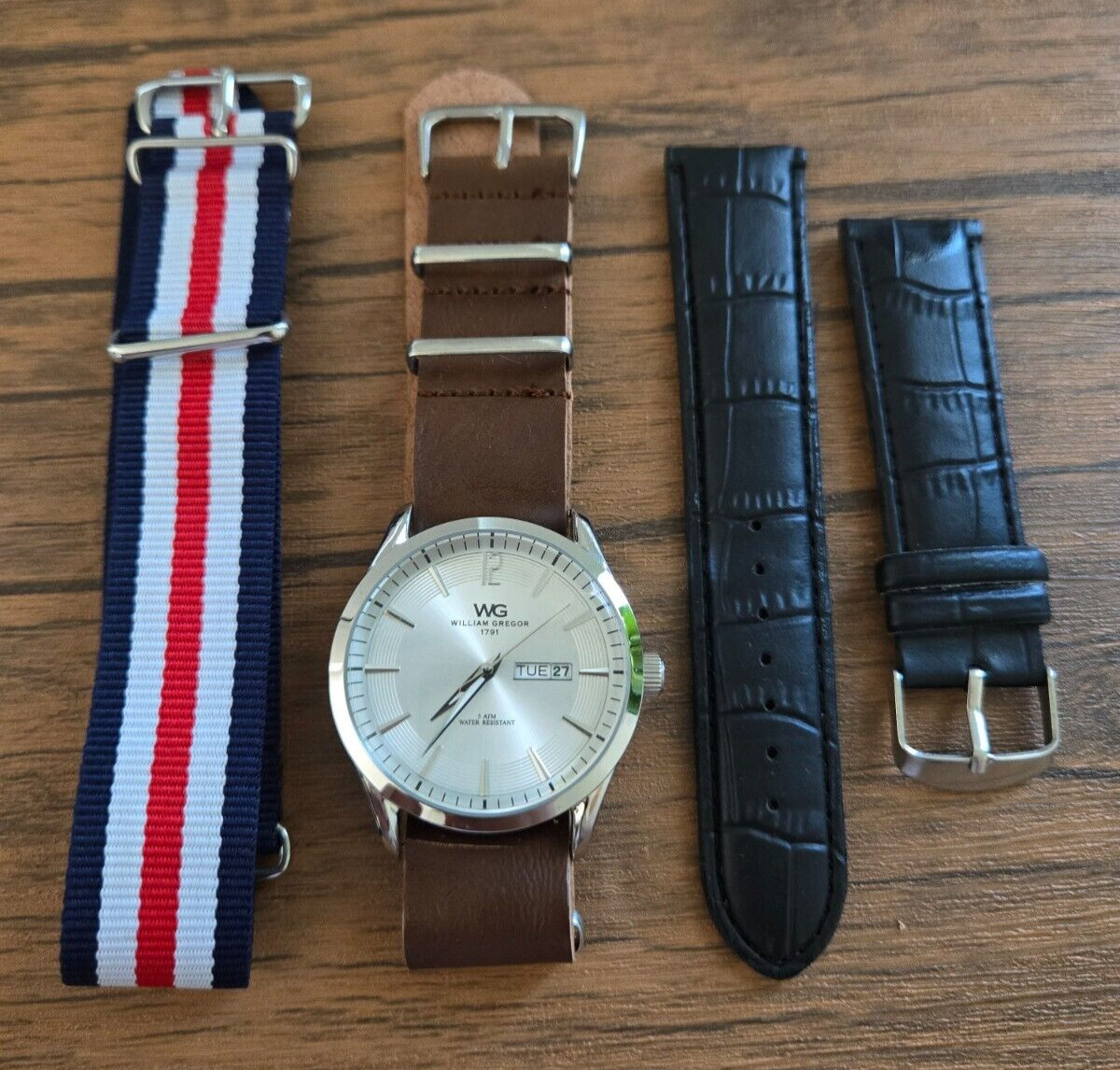 William Gregor WG 1791 Silver Dial 41 mm Quartz Day Date w 3 Straps - BWG30067