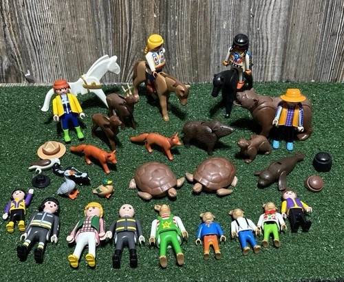 Playmobil Vintage People With Animals And Accessories Lot Forest Old West 30+ Pc