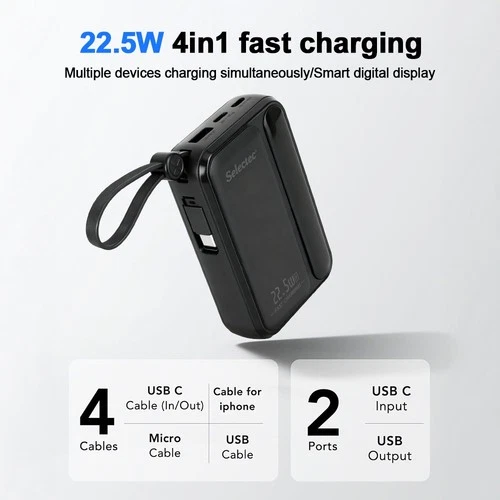 20000mAh Power Bank Built-in Cables USB-C Fast Portable Charger Battery Pack