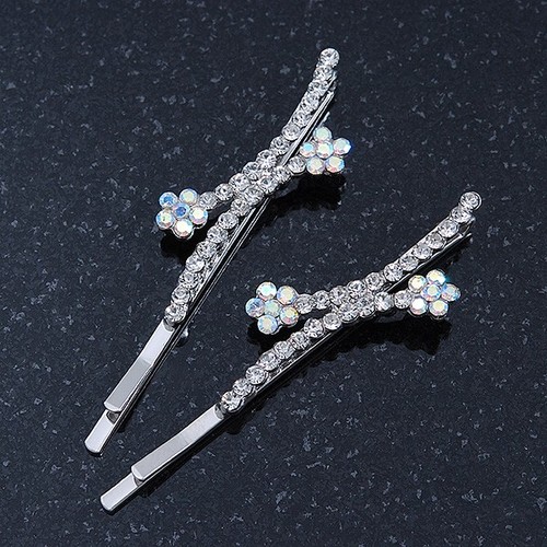 Pair Of Clear/ AB Swarovski Crystal Flower Hair Slides In Rhodium Plating - - Picture 3 of 6