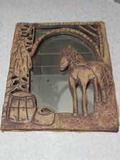 Vintage African Carved Wall Mirror – Tribal Village Scene Horse Hut Rustic Frame