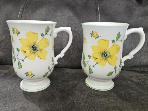 Royal Victoria Yellow Dogwood England Bone China Mugs/ Cups Set Of 2