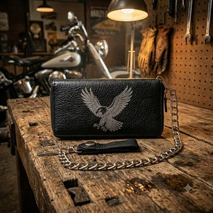 Flying Eagle Genuine Leather Biker All Over Zipper Bi-Fold Wallet With Chain