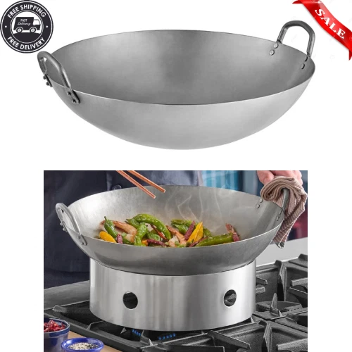 16" Carbon Steel Cantonese Wok Round Bottom Dual Handles Deep Cooking Pan