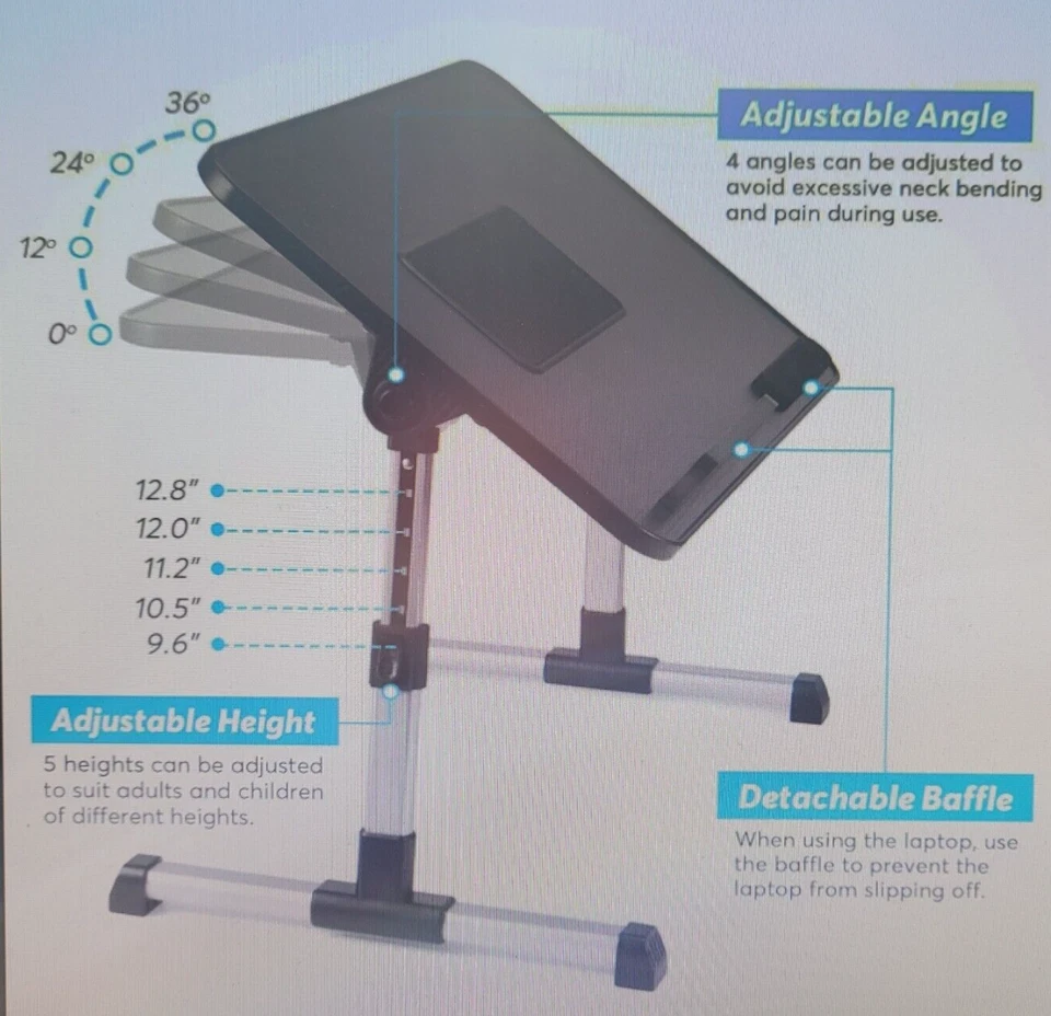 Escritorio Ergonómico para Portátil Soporte Ajustable Mesa de Cama Plegable con Cajón Ventilador de Enfriamiento Foto 3 de 4