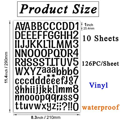 1260 pcs 10 Sheets Vinyl Letters Stickers (Black) Numbers 1 Inch 10 Black Set - Picture 2 of 6