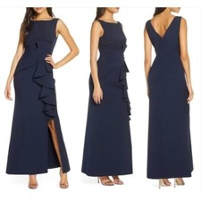 New! Eliza J Ruffle Front V-Neck Gown in Navy Blue, size 12