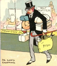 He Goes Shopping Comic Art Postcard VTG Deli Fish Provisions Davidson Bros Tom