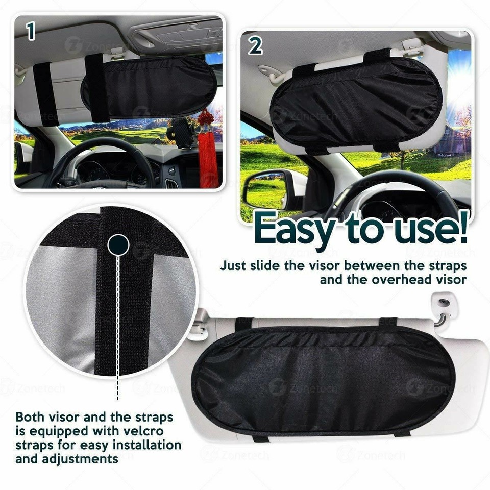 Zone Tech Black Anti Glare Windshield Car Visor Extender Strap SunShade ...
