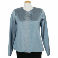 Chaqueta Dupioni EILEEN FISHER Azul Esquisto Bordada Seda Tinte Cruzado S